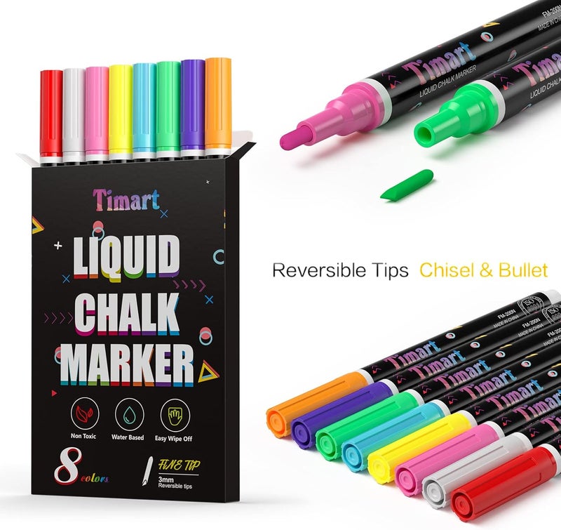 Timart Liquid Chalk Markers, 3mm Fine Tip Chalk Pens, 8 Colors Washable Window Markers for Chalkboard, Dry Erase Marker Pens for Car, Blackboard & Bistro, Non-Toxic,Wet Erase - Reversible Tip - Image 4